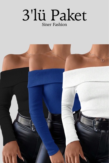 Siner Fashion Bluză cu mânecă lungă și cu mâneci lungi, cu guler Madonna, pentru femei, din 3 piese