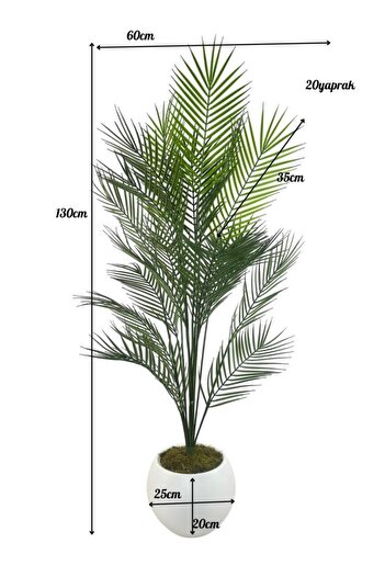 Nettenevime Yapay Ağaç 20 Yaprak Palmiye Ağacı Beyaz Küre Saksıda 130*60cm