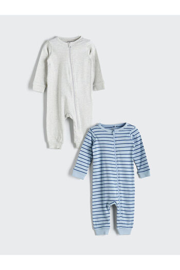 LC Waikiki Blue Crew Neck Long Sleeve Baby Boy Ribbed Jumpsuit, Pack of 2