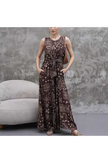 MADAMMERY Women's Jumpsuit Patterned Sleeveless Belted Comfortable Fit Long Jumpsuit