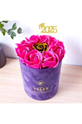 velve Velvet floral arrangement, with 9 soap roses, in purple velvet box, Fuchsia/Gold