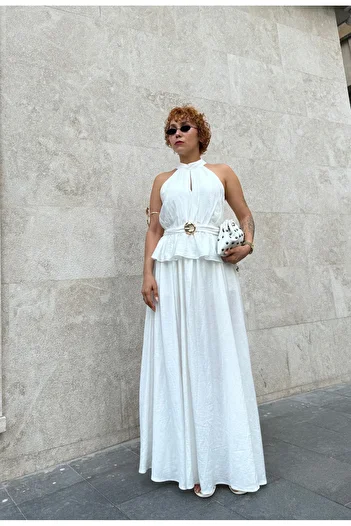 Bak'ap Premium Trend Accessory Detailed White Halter Neckline Blouse-Long Skirt 2-Piece Set