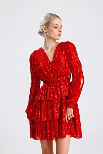 mafdress Women's Red Sequin Sequin Mini Long Sleeve Evening Dress