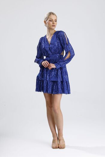 mafdress Women's Saks Blue Sequin Sequin Mini Long Sleeve Evening Dress