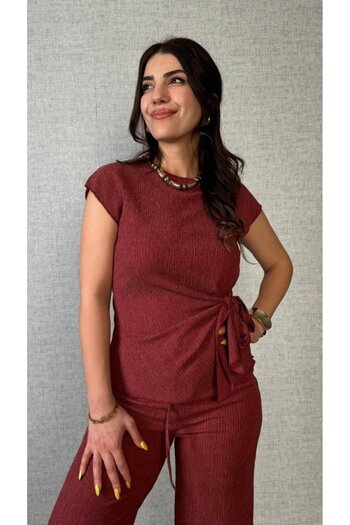 JANES Women's Short Sleeve Crew Neck Side Tie Wrinkle Blouse and Trousers Double Suit