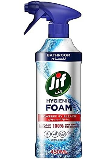 Jif Hygienic Foam Spray, powered by bleach, Bathroom, for 100% stain removal, 450ml