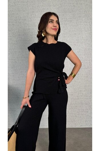 JANES Women's Short Sleeve Crew Neck Side Tie Wrinkle Blouse and Trousers Double Suit