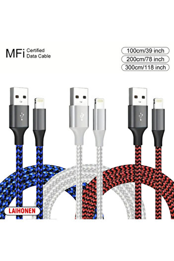 Choice 3m 3PC Mixing 1M 2M 3M USB A To Lightning MFi Certified Cable For iPhone 14 13 12 11 X XR Pro Max F
