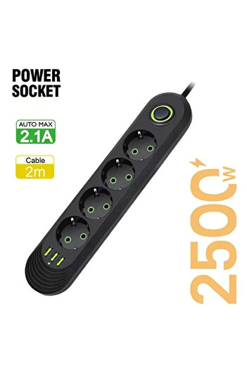 Choice EU Plug Black 4 Ports 2M Cable EU Plug Socket Network Filter Round Pin AC Outlet Electrical Charge A