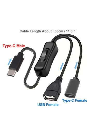 Choice C to 1A 1C- F 30cm 5V USB Type C Extension Cable with On/Off Switch USB C Male to Female Splitter Ch