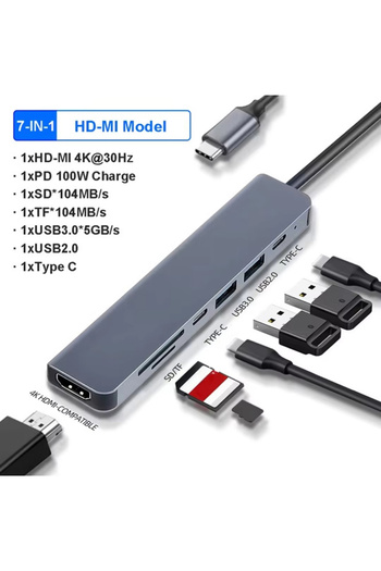 Choice1 محول 7 في 1 موزع USB C 7 في 1 إلى محول Type C متوافق مع HDMI بدقة 4K وقاعدة Thunderbolt 3 OTG مع PD