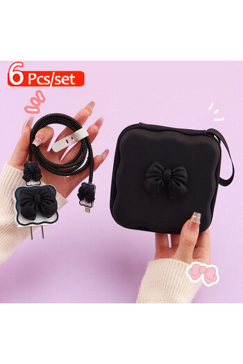 Choice 6Pcs Black 5 in 1 Cable Protector Set and Storage Bag Lovely Bow Knot Travel Storage Bag Cute Cable