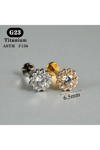 Choice11 Gold Color Style 3 1PC ASTM F136 Titanium Zircon Flat Back Earring Flower Ear Studs Lobe Helix Tragu