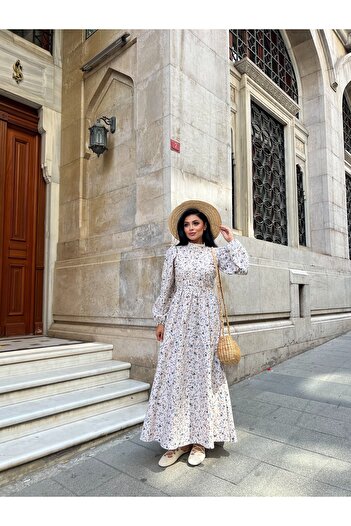 KÜÇÜĞÜM BUTİK Hijab Gray-Brown Mini Floral Flared Dress