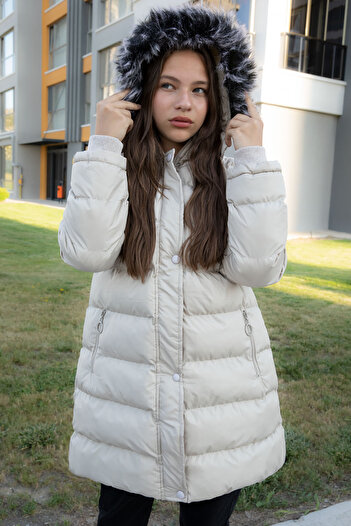 Cansın Mini Krem İçi Kürklü Çıtçıtlı Kapüşonlu Kız Çocuk Şişme Mont 21316