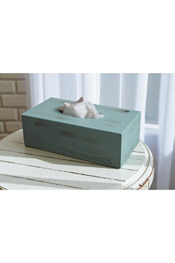 Decoratiuni Vintage Casa Retro Cutie din lemn pentru servetele, pictata manual, albastru deschis, 13x25 cm