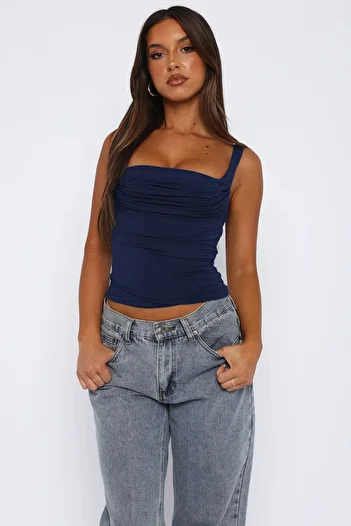 World Fashion Trends Wft3036B Navy Blue Crop Blouse with Gathered Front Straps