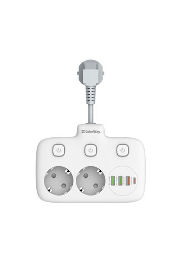 ColorWay Prelungitor priza 2 x EU 220 V, USB, Type-C ColorWay, 0.25 m, alb