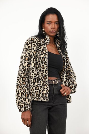 5in1Canpolat Black Leopard Fleece Jacket