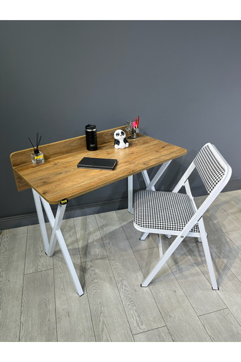 hey modüler mobilya Buse Çalışma Masası Ofis Bilgisayar Masası + Katlanır Sandalyeli 103 cm Metal Beyaz Ayak