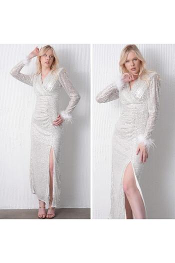CİXAPLE Double Breasted Collar Long Sleeve Feather Detailed Dress