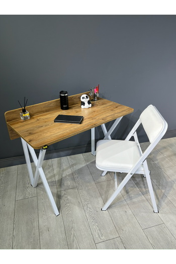 hey modüler mobilya Buse Çalışma Masası Ofis Bilgisayar Masası + Katlanır Sandalyeli 103 cm Metal Beyaz Ayak