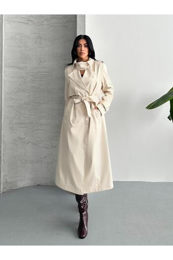 FERZOLAİO Double Breasted Collar Off White Trench Coat