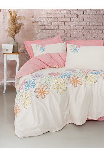 Cotton Box Puff Embroidered Double Duvet Cover Set Bellis Pink