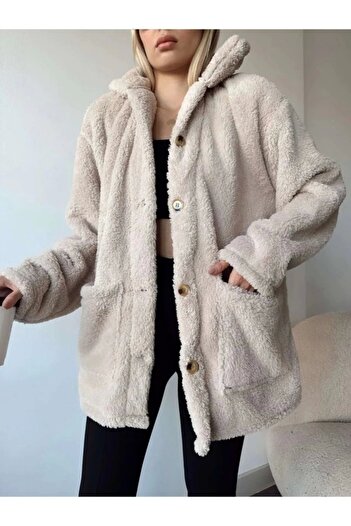 MetuCA Women's Long Sleeve Wellsof Fabric Coat with Pocket and Button Detail - Beige
