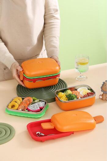 SANALTİCARETİM Hamburger Pattern Rectangular Steel Two-Layer Vacuum Lunch Box Storage Container