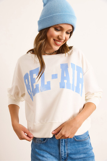 Olalook Women's White Bel Air Printed Boat Neck Sweatshirt Swt-19000724