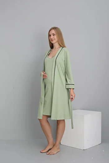 Miss Dünya Lissa Stripe Detailed Midi Length Strap Maternity and Postpartum Dressing Gown Nightgown Set