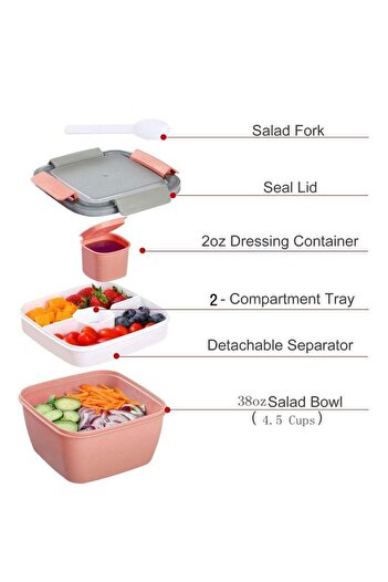 COOYA Portable Salad Lunch Box,38oz Salad Bowl,2 Compartments with Dressing Cups,Pink