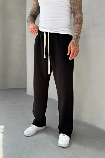 MADZEYMODA Men's Baggy Loose Fit Dirty Leg Detail Elastic Waist 100% Cotton Black Tracksuit Bottom Ke-7015