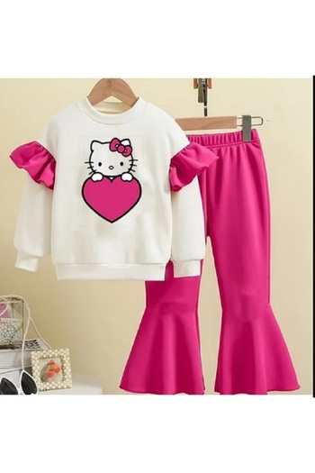 bebekpare Girl's Top and Bottom Set Fuchsia Cat Printed (Not Shardon Fabric) 100% Cotton