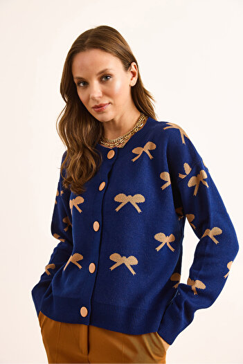 Olalook Women's Navy Blue Crew Neck Bow Detailed Buttoned Cardigan Hrk-19000363