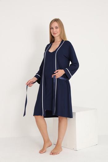 Miss Dünya Lissa Stripe Detailed Midi Length Strap Maternity and Postpartum Dressing Gown Nightgown Set