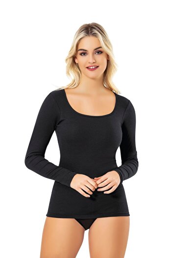 ModAras Women's Square Neck Detailed Modal Design Camisole Padded Undershirt Long Sleeve Black - Arasskoe-6E65E5-Si