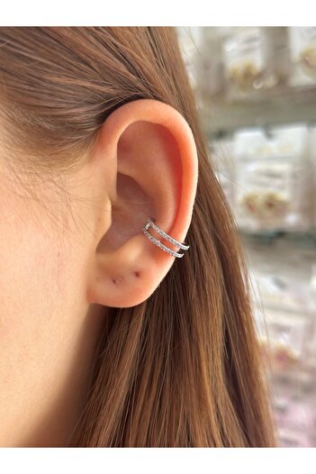 BY YASİN TOPÇU Steel Silver Color Three Band Stone Cartilage Earrings