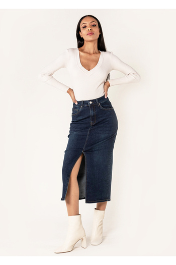 Nina Carter Fustă din denim albastru închis cu crăpătură frontală P215 M10