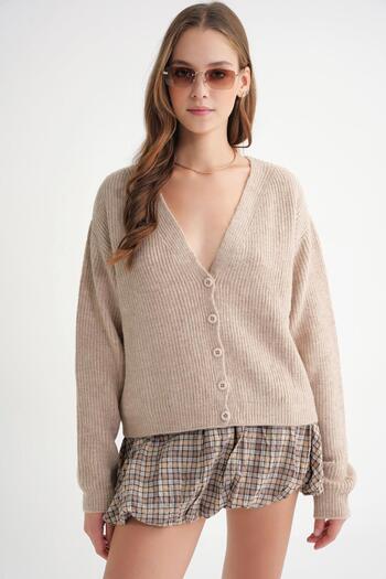 Mixray 6943 Women's V-Neck Thessaloniki Cardigan Beige