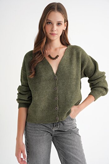 Mixray 6943 Women's V-Neck Thessaloniki Cardigan Khaki