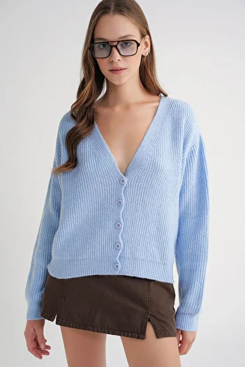 Mixray 6943 Women's V-Neck Thessaloniki Cardigan Baby Blue