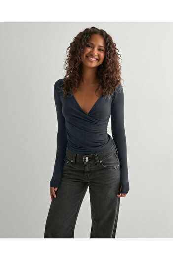 fablair Long Sleeve V Neck Double Breasted Blouse