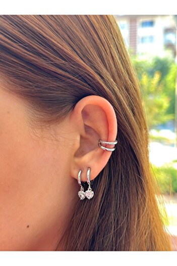 BY YASİN TOPÇU Steel Silver Color Auger Detail Double Ring Cartilage Earrings