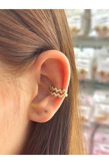 BY YASİN TOPÇU Steel Gold Color Zigzag Stone Double Band Cartilage Earrings
