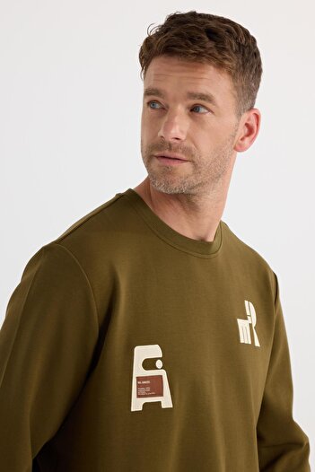 Tudors Ανδρικό φούτερ Relax Fit Casual Cut Βαμβακερό ελαστικό μανίκι με λαιμόκοψη με στάμπα χακί