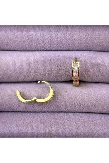 BY YASİN TOPÇU Steel Gold Color Baguette Stone Mini Hoop Earrings