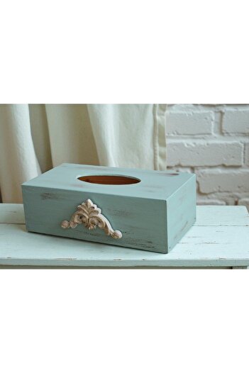Decoratiuni vintage casa Cutie din lemn pentru servetele si ornament sculptat de lemn, pictate manual, albastru deschis