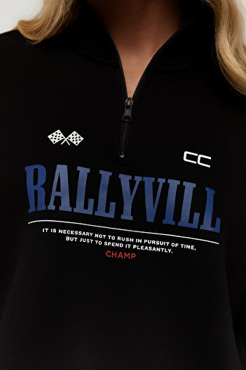 The Champ Clothing Φούτερ Unisex Oversize με φερμουάρ RallyVill με στάμπα με κείμενο μαύρο - 3 κλωστές από φλις με ανάγλυφο